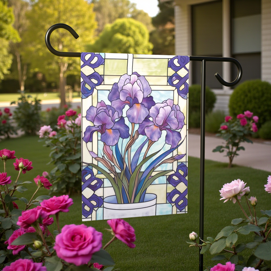 Purple Iris Garden Flag - size comparison - Dragonfire Gardens