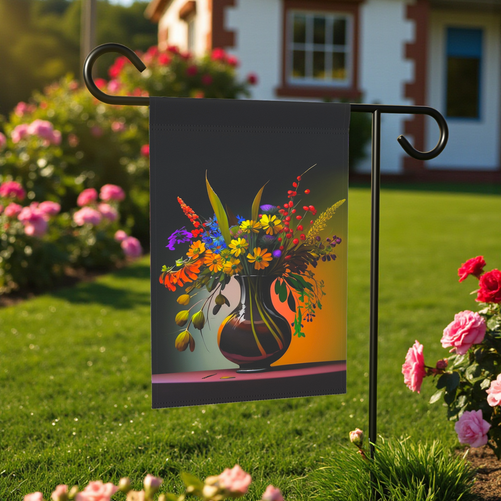Black Vase Flowers Garden Flag - lifestyle display - Dragonfire Gardens