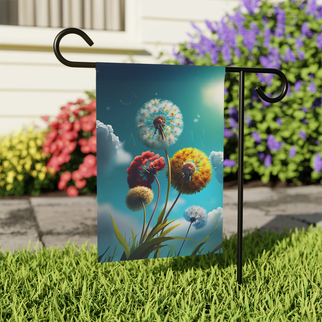 Colorful Dandelions Garden Flag - outdoor display - Dragonfire Gardens