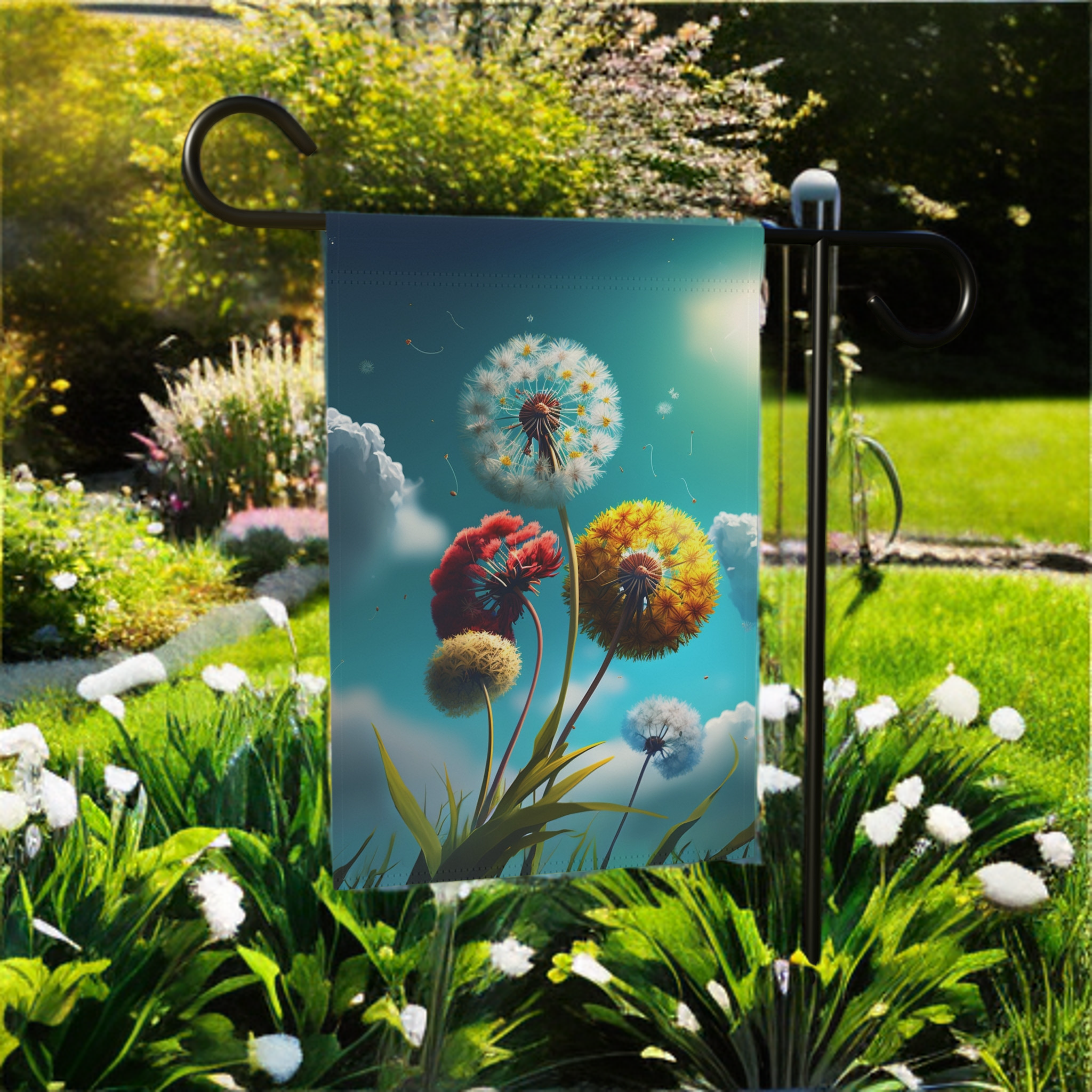 Colorful Dandelions Garden Flag - lifestyle display - Dragonfire Gardens
