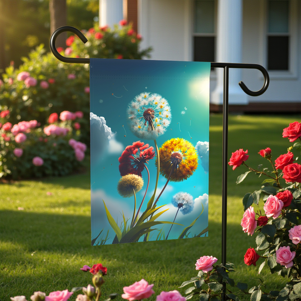 Colorful Dandelions Garden Flag - size comparison - Dragonfire Gardens