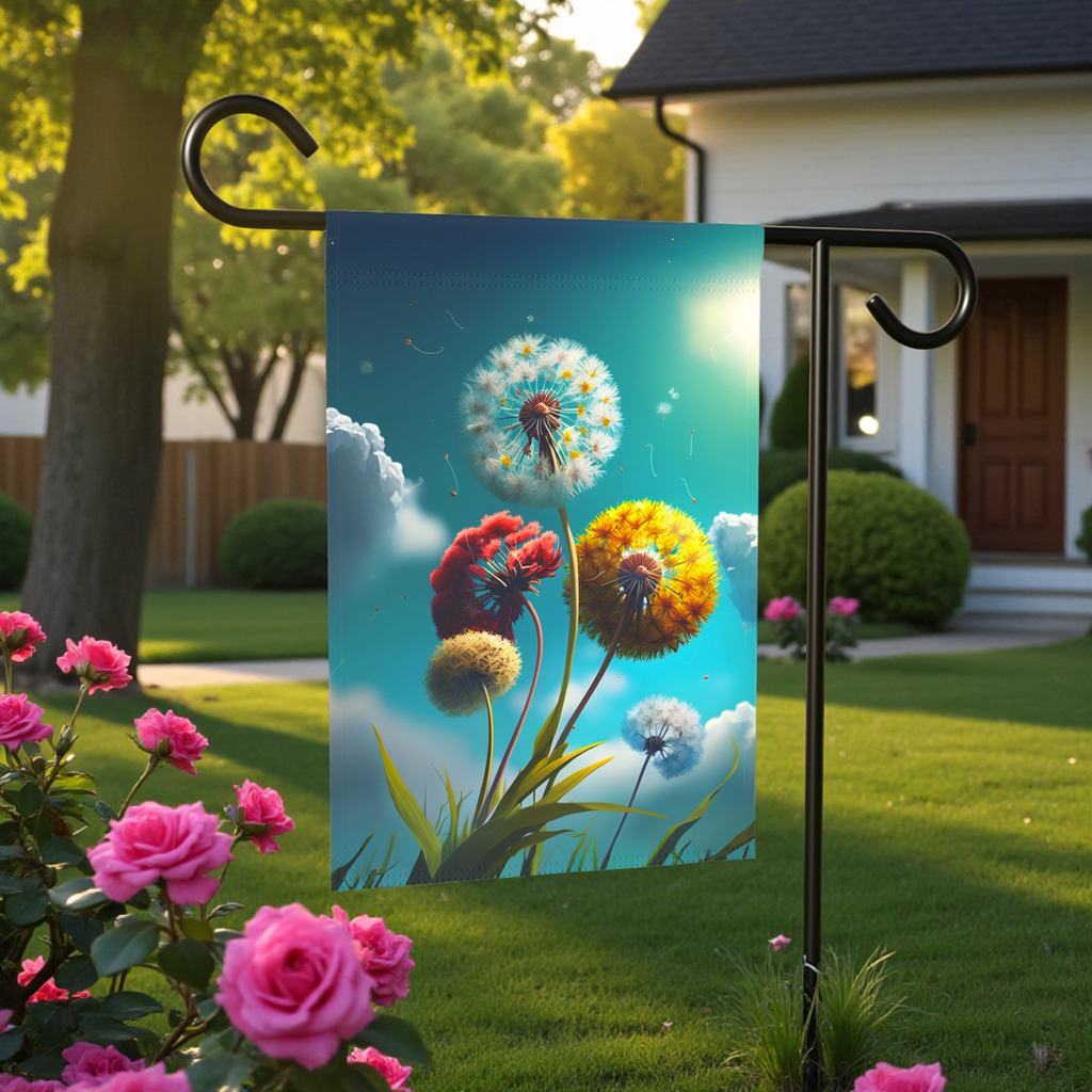 Colorful Dandelions Garden Flag - front view - Dragonfire Gardens