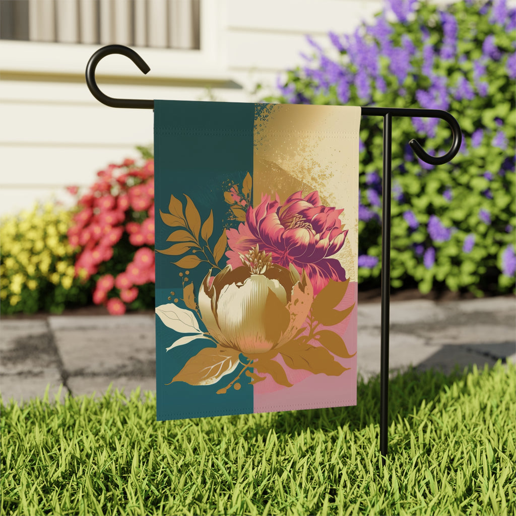 Gold and Mauve Flower Garden Flag - outdoor display - Dragonfire Gardens