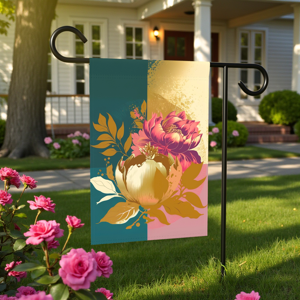 Gold and Mauve Flower Garden Flag - size comparison - Dragonfire Gardens