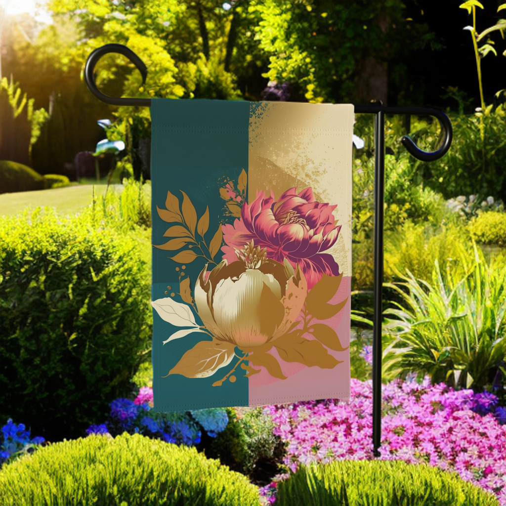 Gold and Mauve Flower Garden Flag - lifestyle display - Dragonfire Gardens