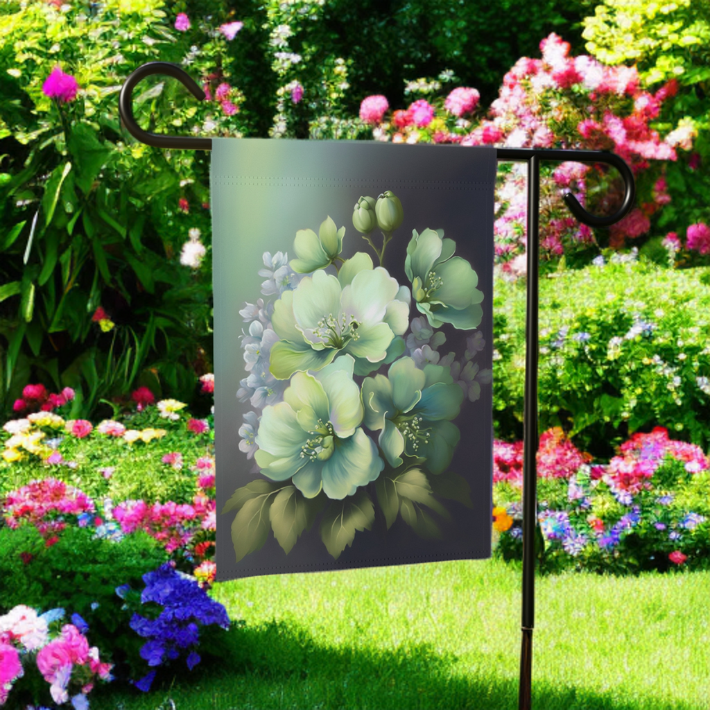 Green Flower Garden Flag - lifestyle display - Dragonfire Gardens