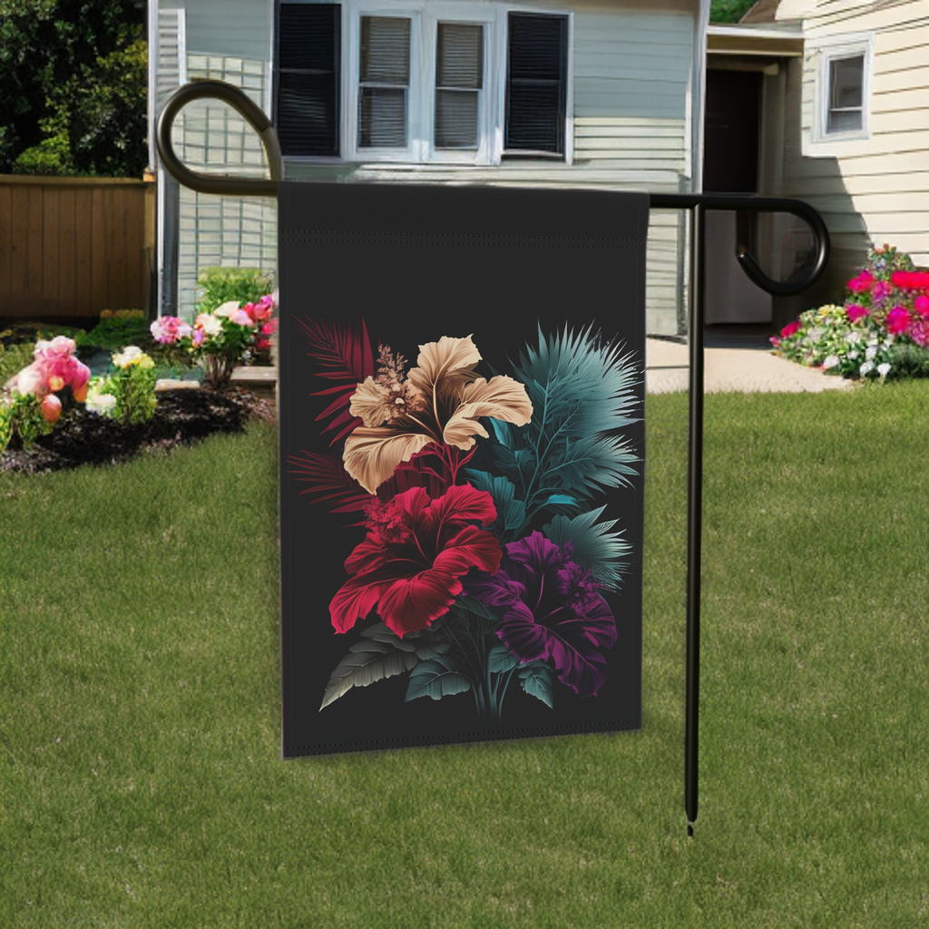 Three Hibiscus Flowers Garden Flag - size comparison - Dragonfire Gardens
