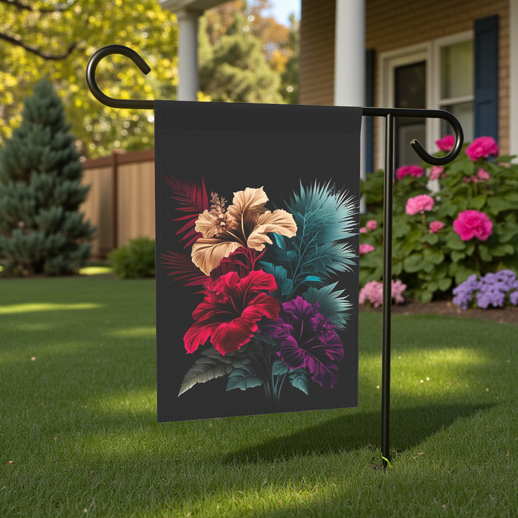 Three Hibiscus Flowers Garden Flag - lifestyle display - Dragonfire Gardens
