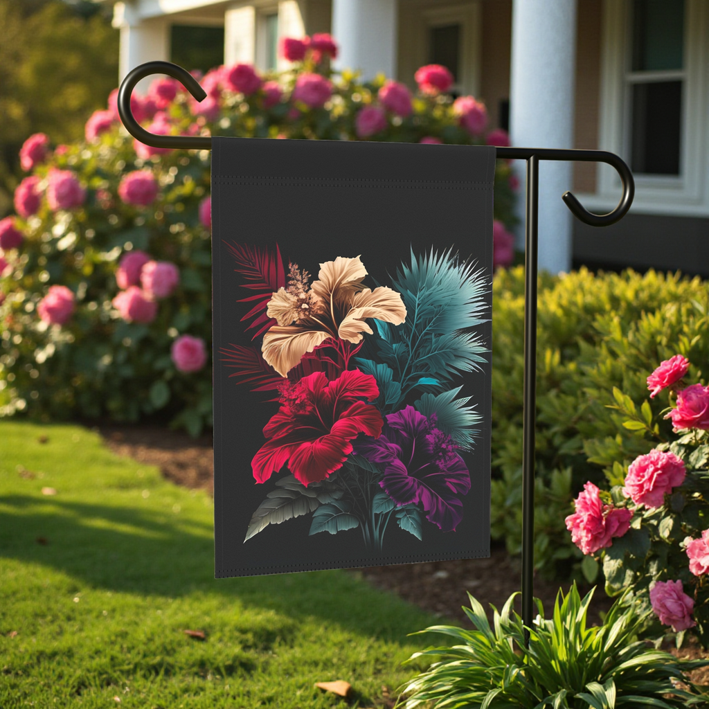 Three Hibiscus Flowers Garden Flag - front view - Dragonfire Gardens