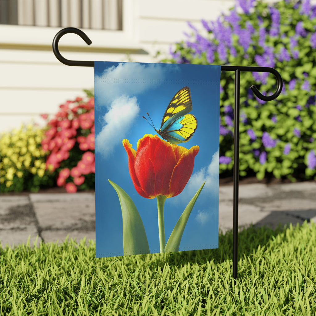 Tulips and Butterfly Garden Flag - close-up detail - Dragonfire Gardens