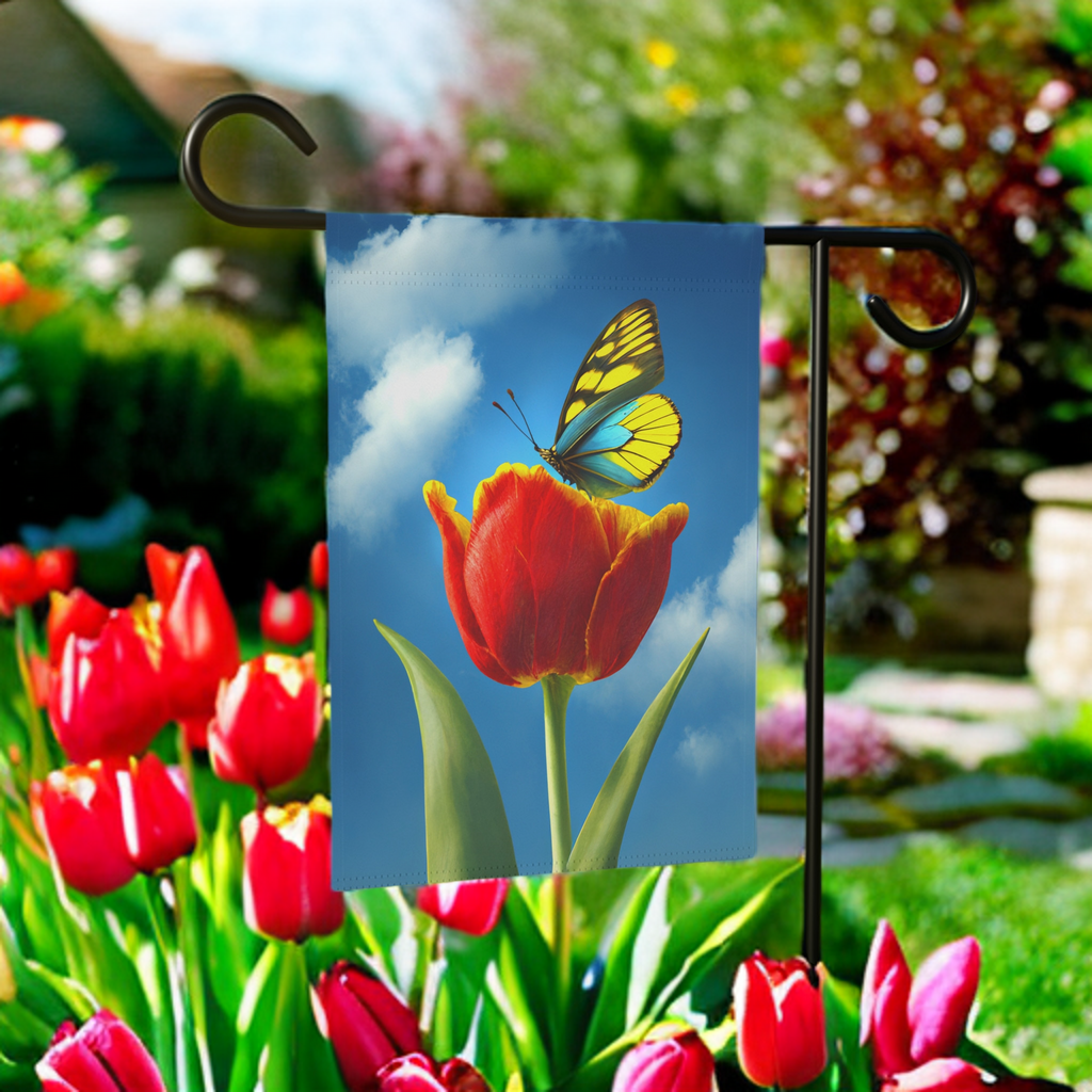 Tulips and Butterfly Garden Flag - front view - Dragonfire Gardens