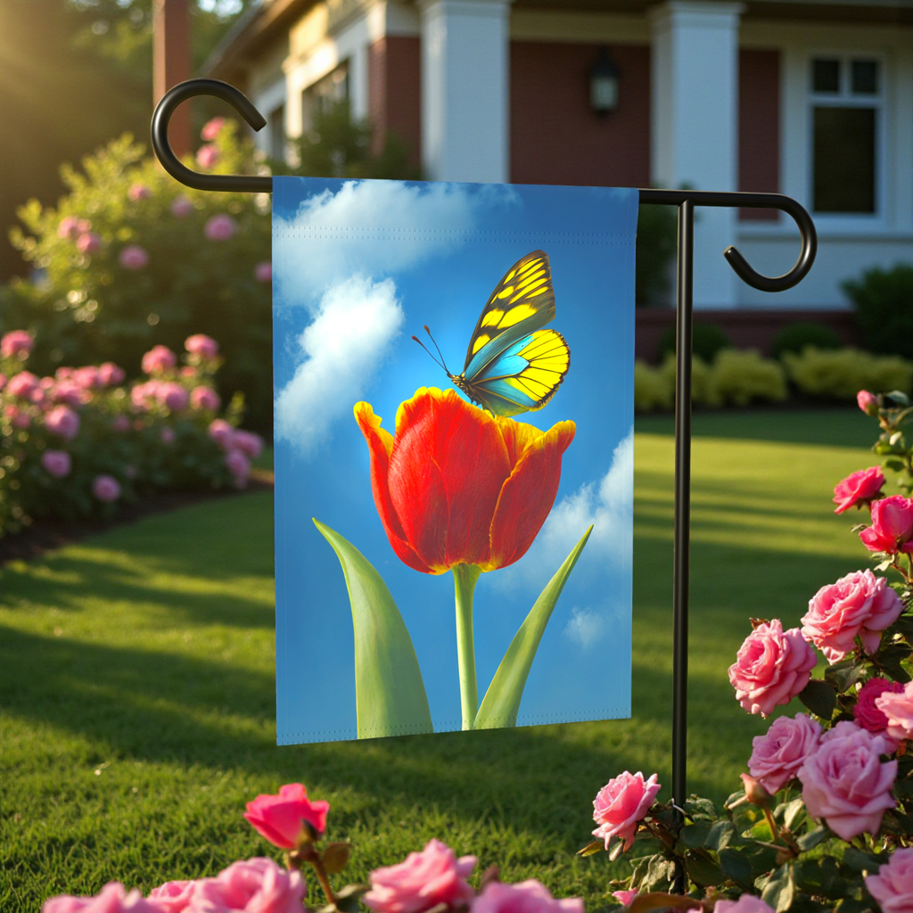 Tulips and Butterfly Garden Flag - outdoor display - Dragonfire Gardens