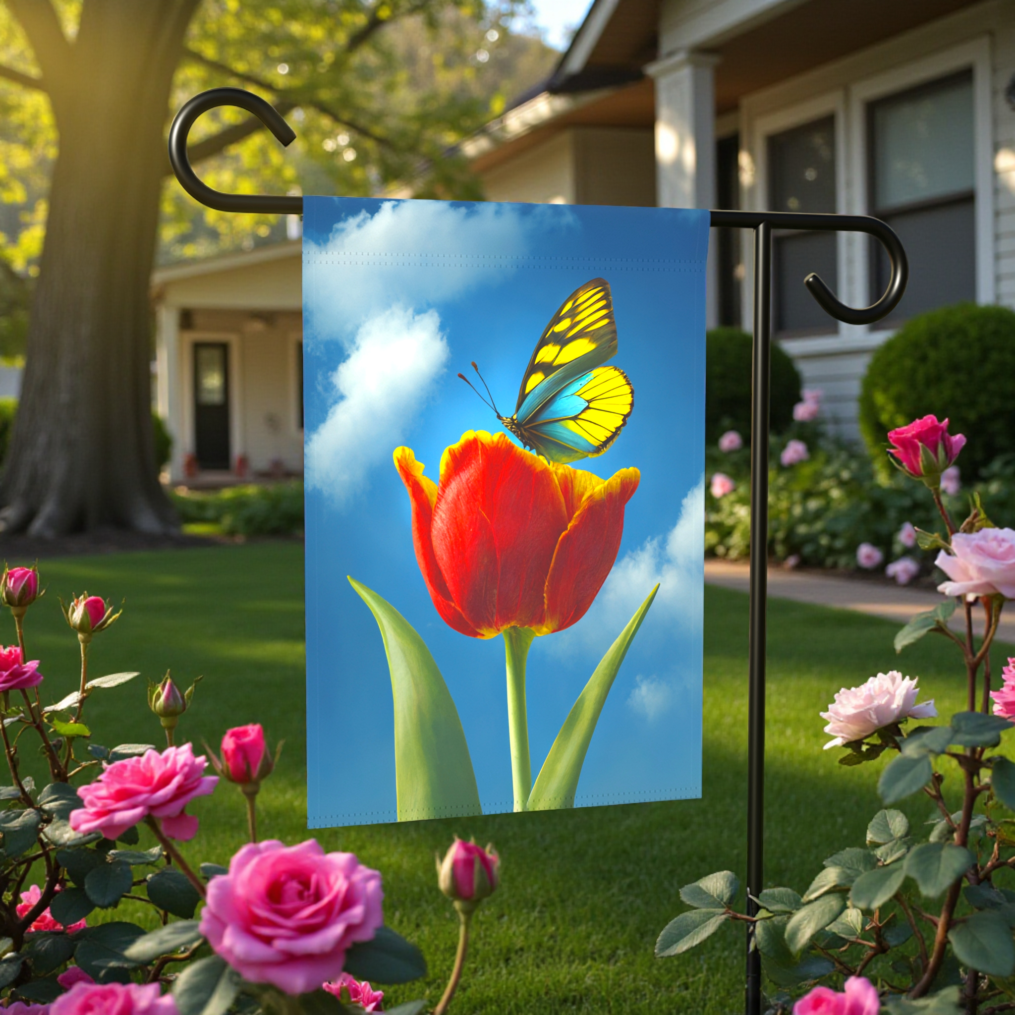 Tulips and Butterfly Garden Flag - lifestyle display - Dragonfire Gardens