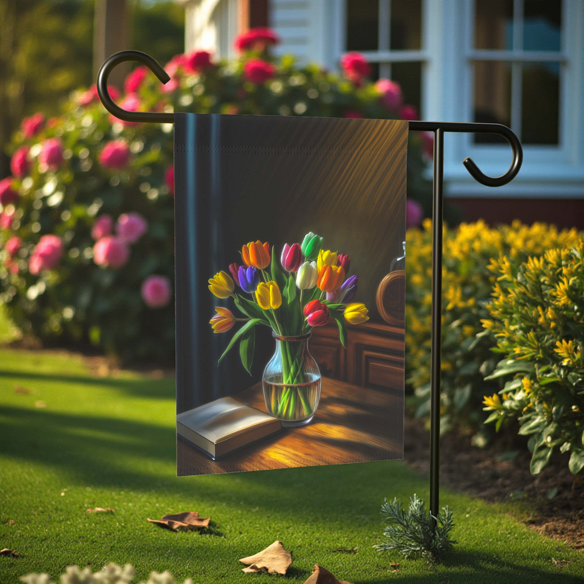 Vase of Tulips Garden Flag - lifestyle display - Dragonfire Gardens