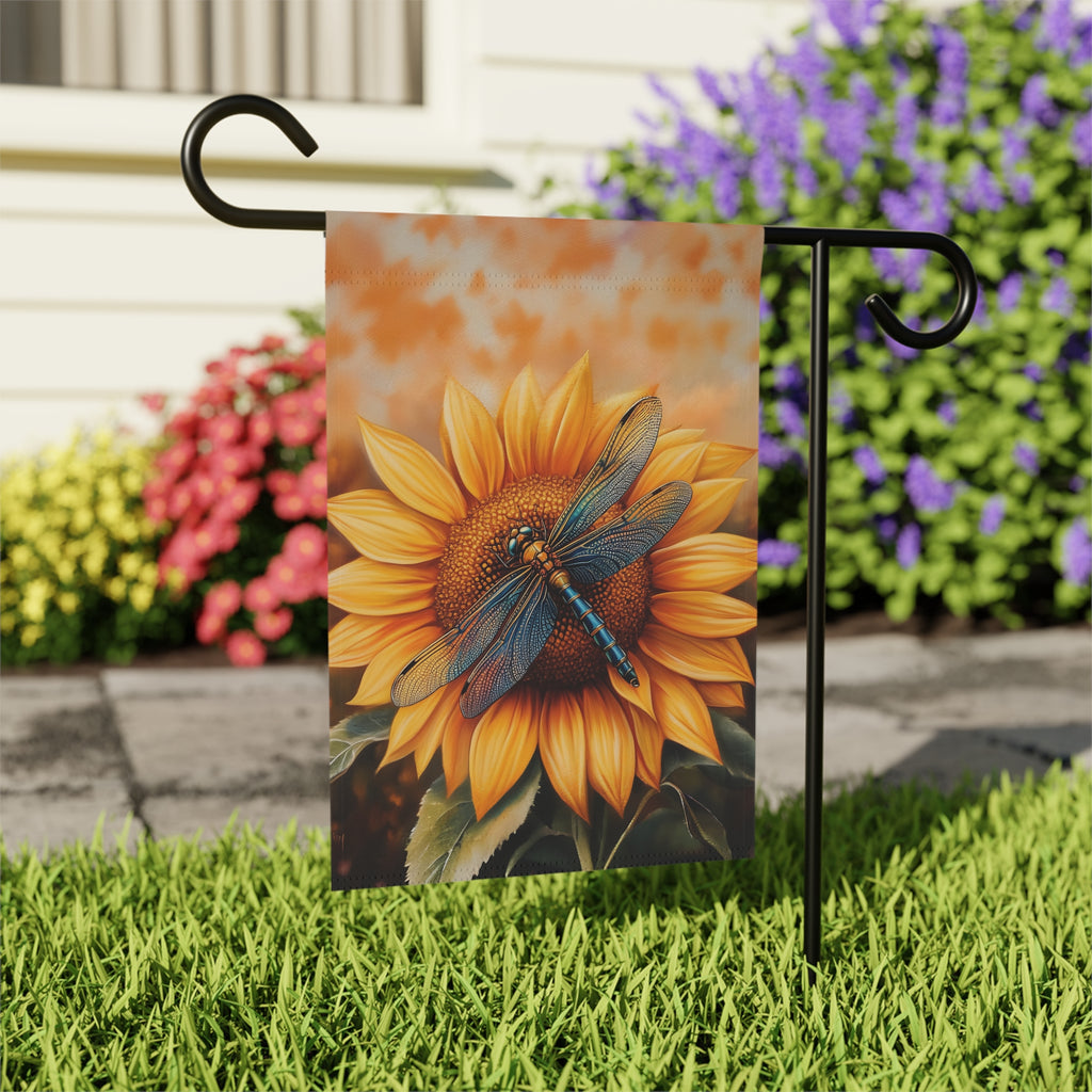Sunflower and Dragonfly Garden Flag - outdoor display - Dragonfire Gardens