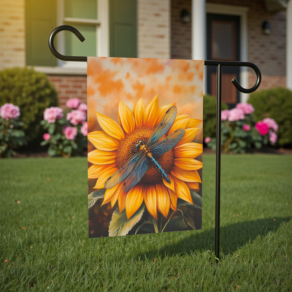 Sunflower and Dragonfly Garden Flag - size comparison - Dragonfire Gardens