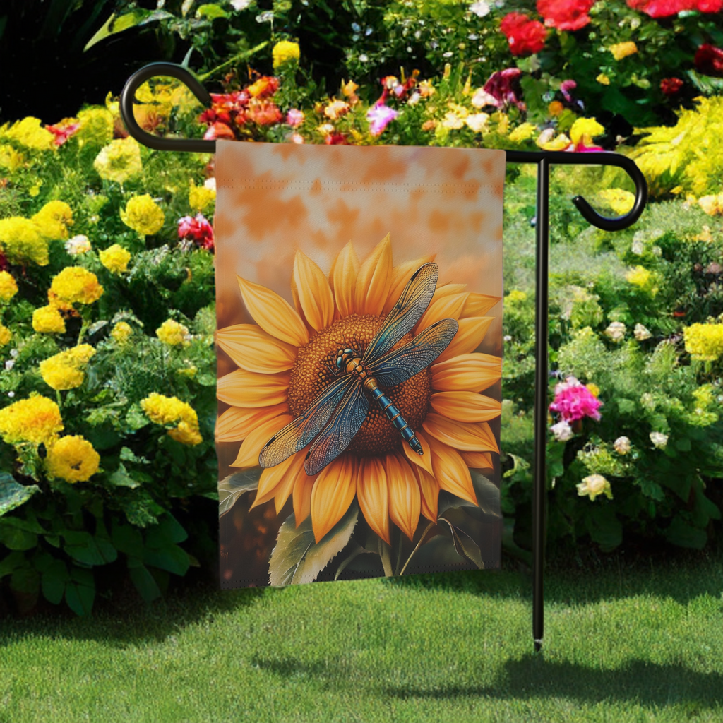 Sunflower and Dragonfly Garden Flag - lifestyle display - Dragonfire Gardens