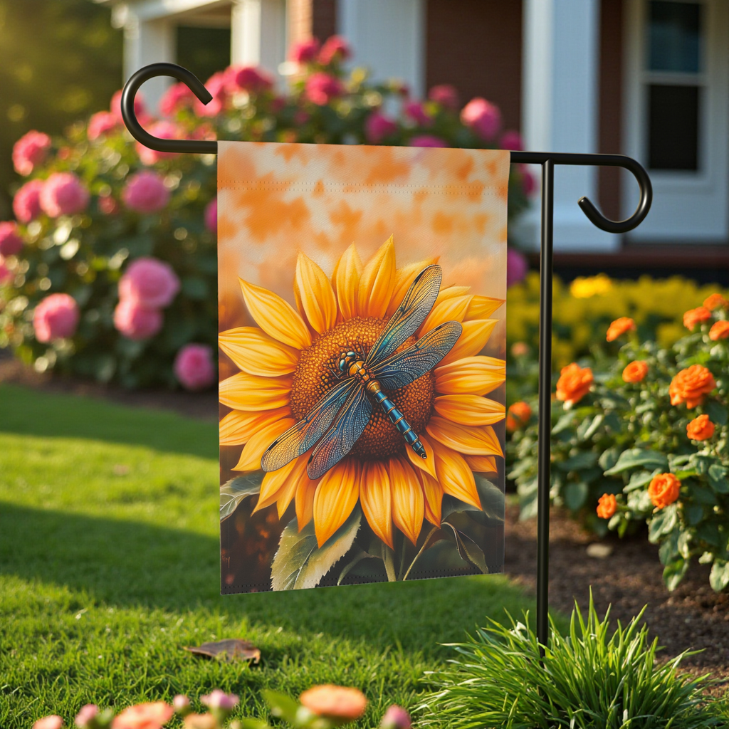 Sunflower and Dragonfly Garden Flag - front view - Dragonfire Gardens