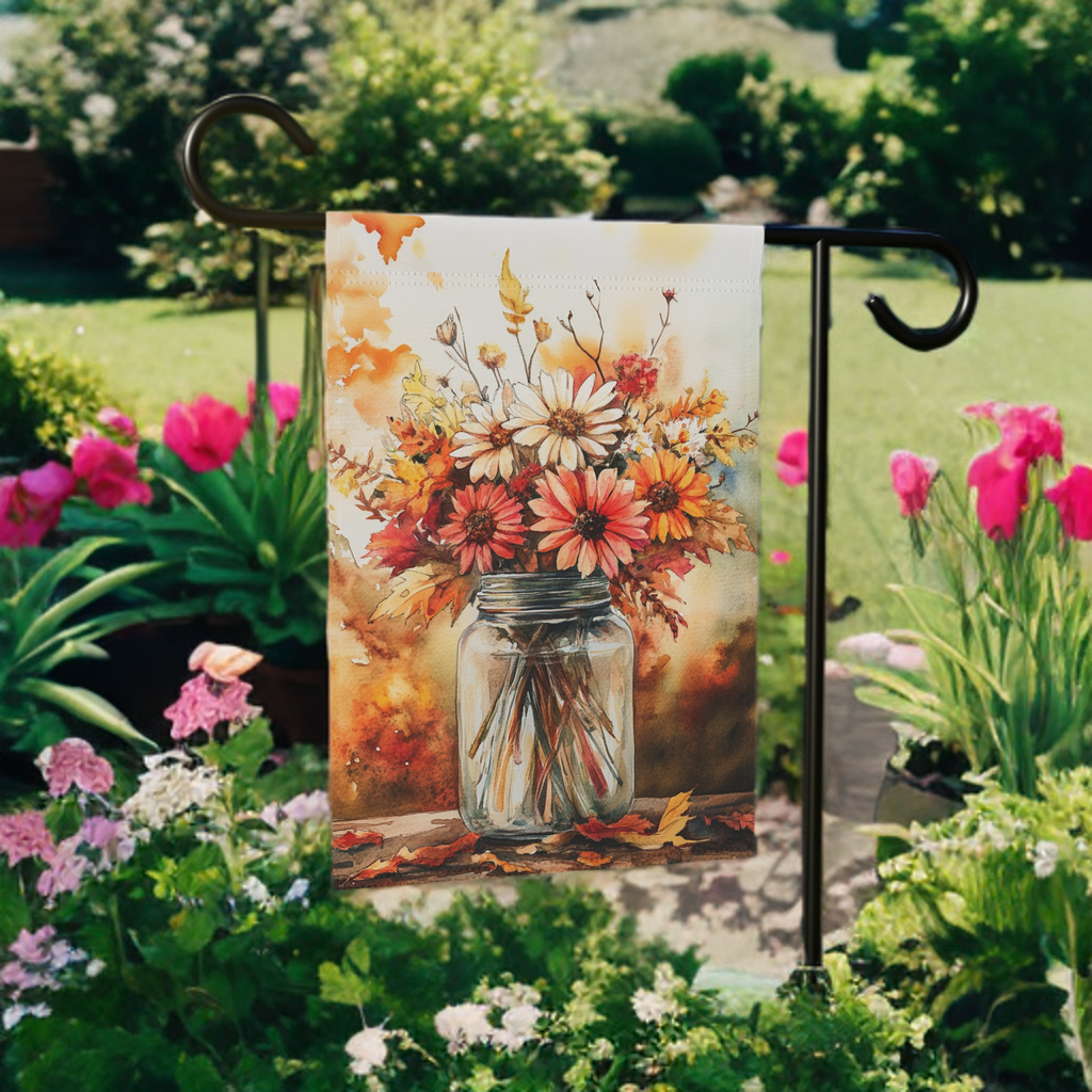 Fall Floral Jar Garden Flag - lifestyle display - Dragonfire Gardens