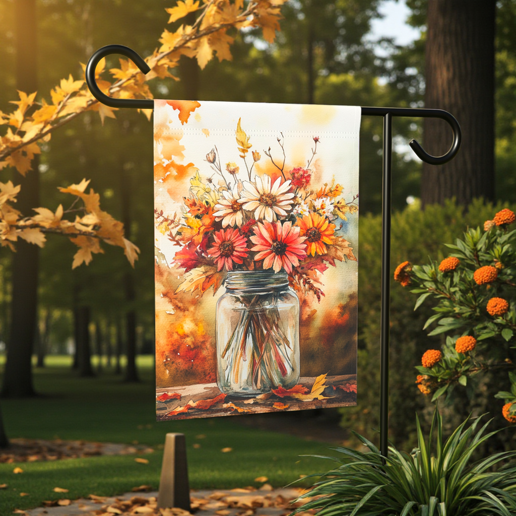 Fall Floral Jar Garden Flag - front view - Dragonfire Gardens