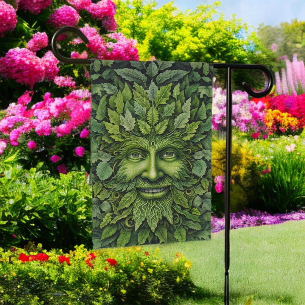 Face in the Leaves Garden Flag - size comparison - Dragonfire Gardens
