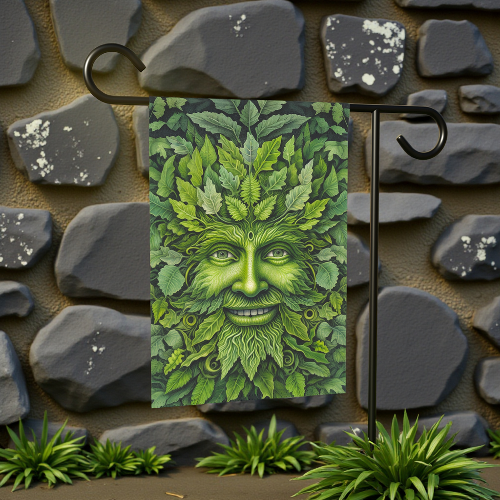 Face in the Leaves Garden Flag - lifestyle display - Dragonfire Gardens