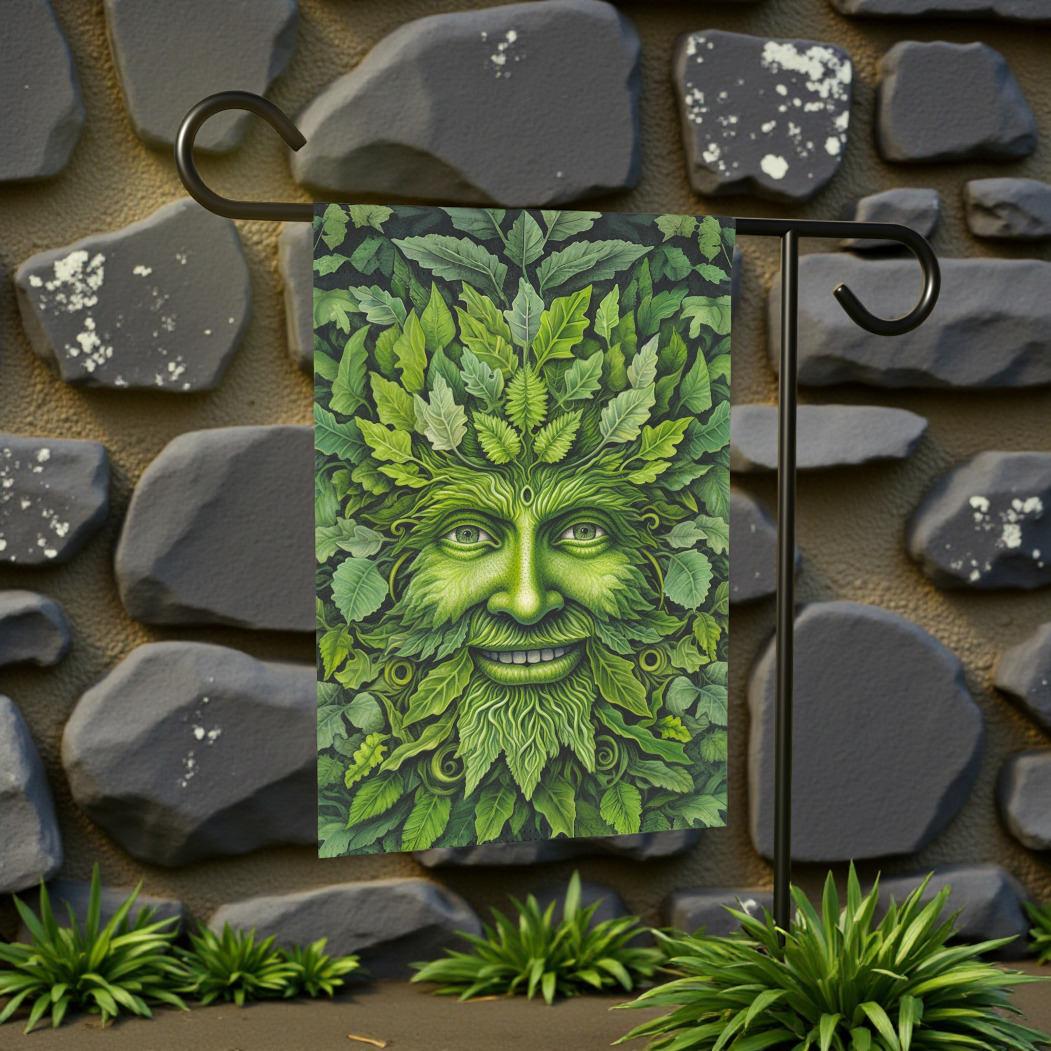 Face in the Leaves Garden Flag - lifestyle display - Dragonfire Gardens