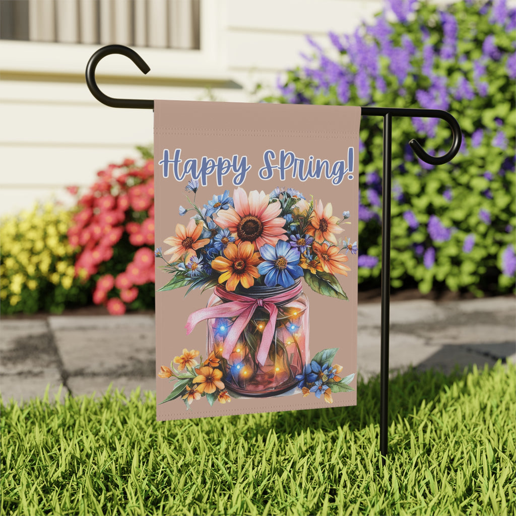 Happy Spring Jar of Flowers Garden Flag - close-up detail - Dragonfire Gardens