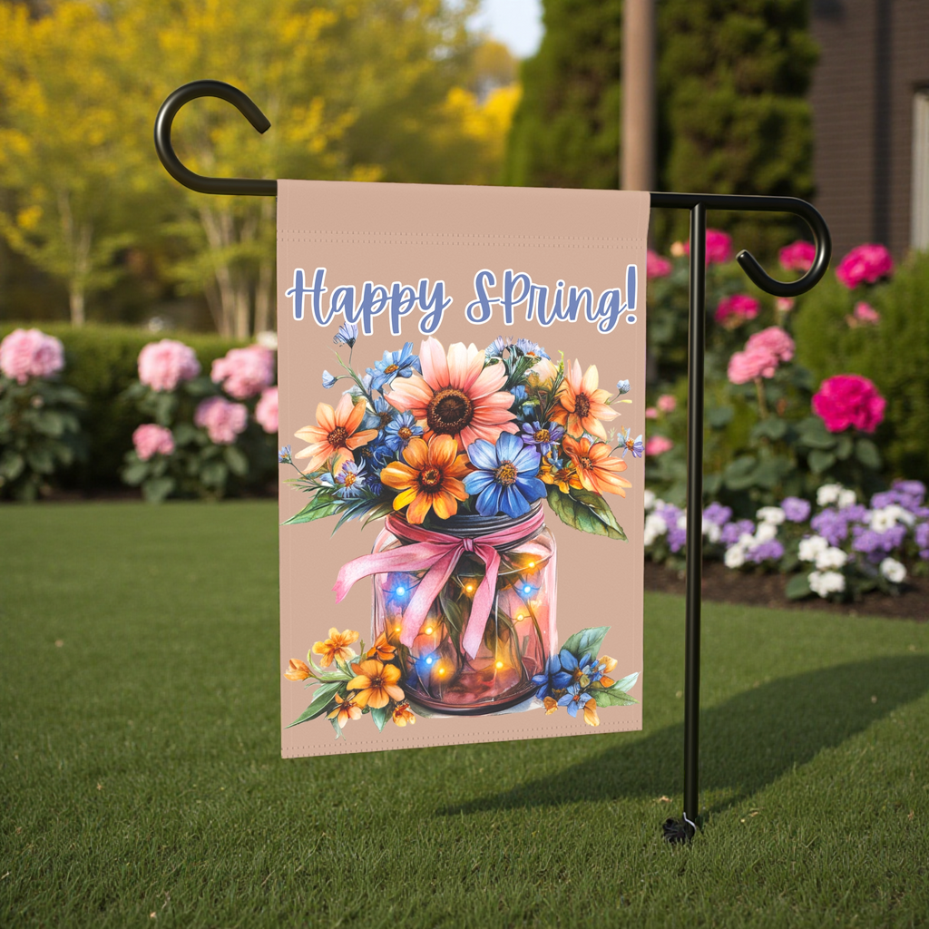 Happy Spring Jar of Flowers Garden Flag - front view - Dragonfire Gardens