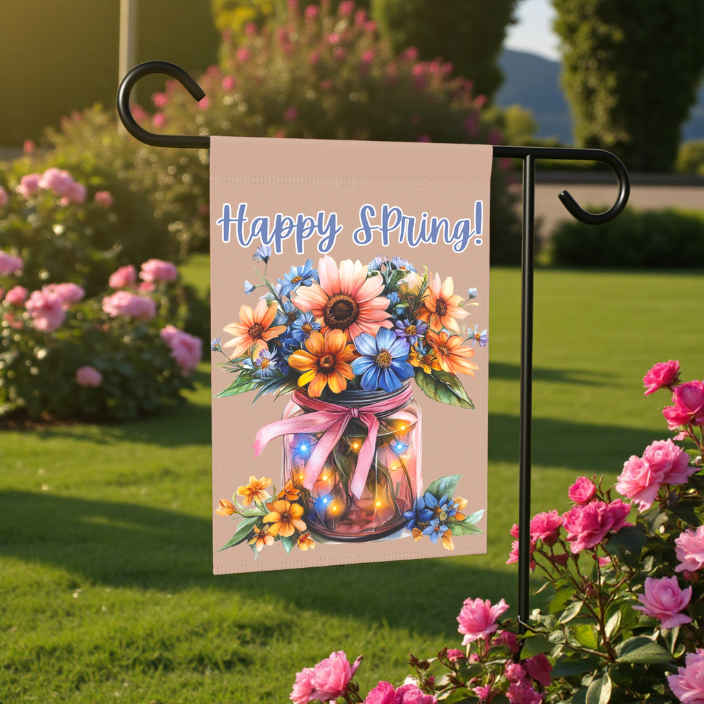 Happy Spring Jar of Flowers Garden Flag - outdoor display - Dragonfire Gardens