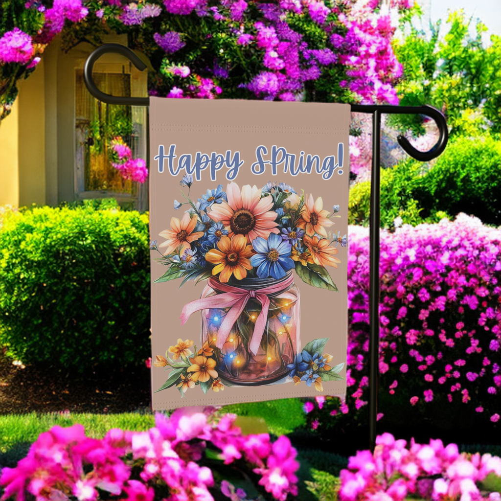 Happy Spring Jar of Flowers Garden Flag - lifestyle display - Dragonfire Gardens