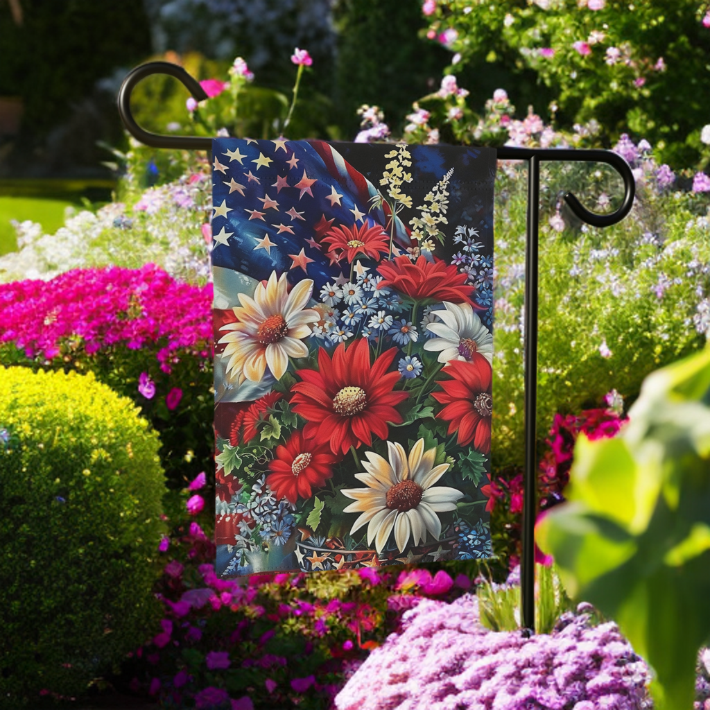 Patriotic Flowers Garden Flag - size comparison - Dragonfire Gardens