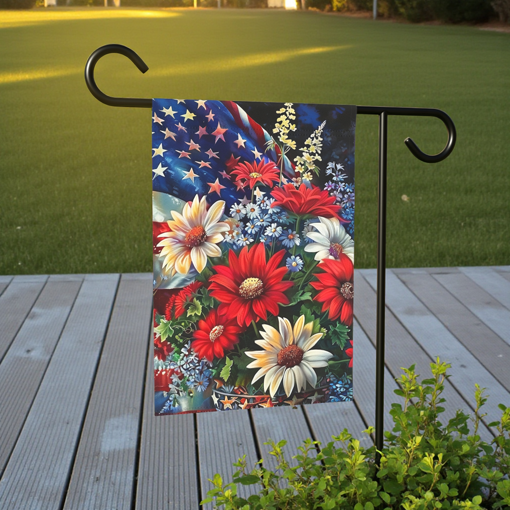 Patriotic Flowers Garden Flag - lifestyle display - Dragonfire Gardens