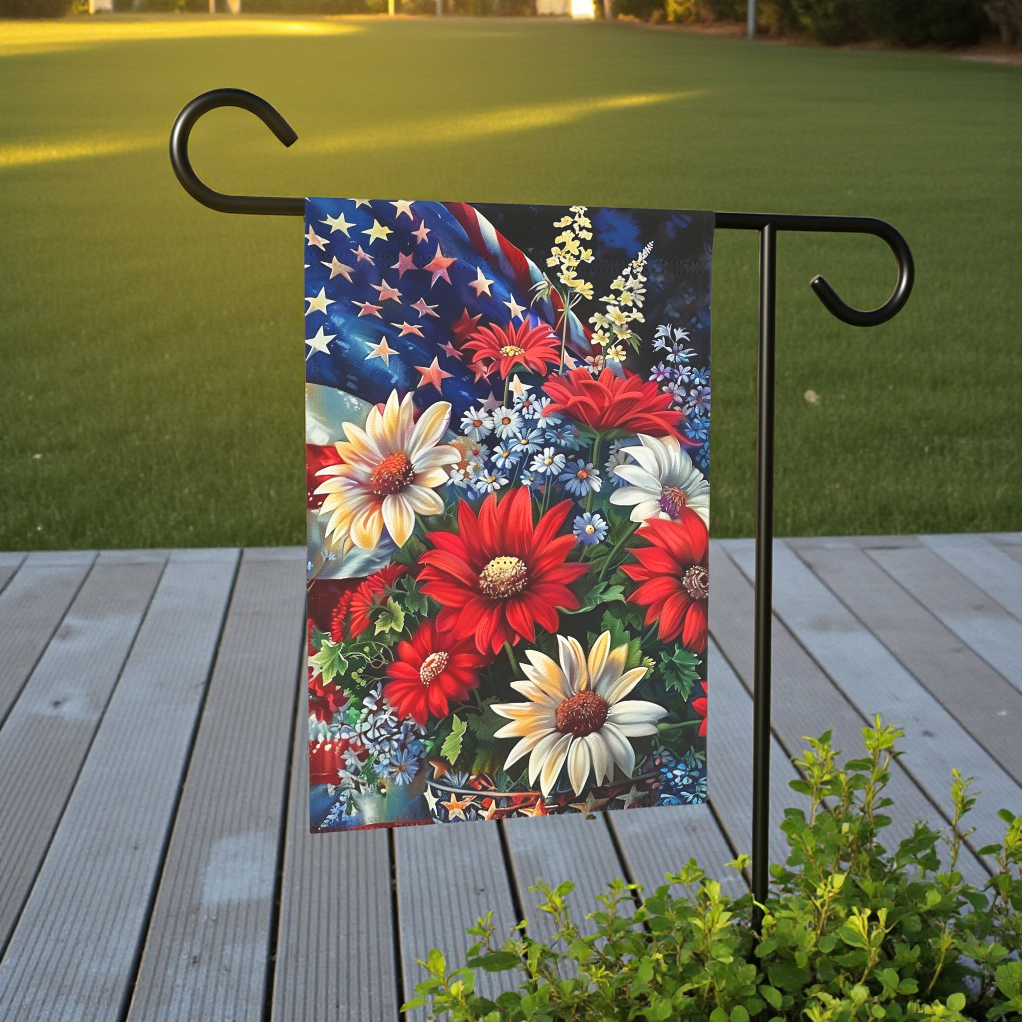 Patriotic Flowers Garden Flag - lifestyle display - Dragonfire Gardens