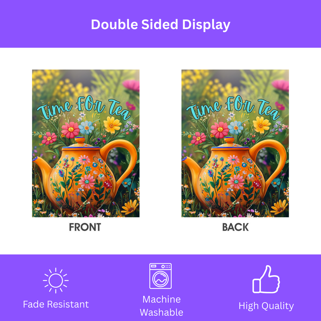 Time For Tea Yellow Teapot Garden Flag - double-sided design - Dragonfire Gardens