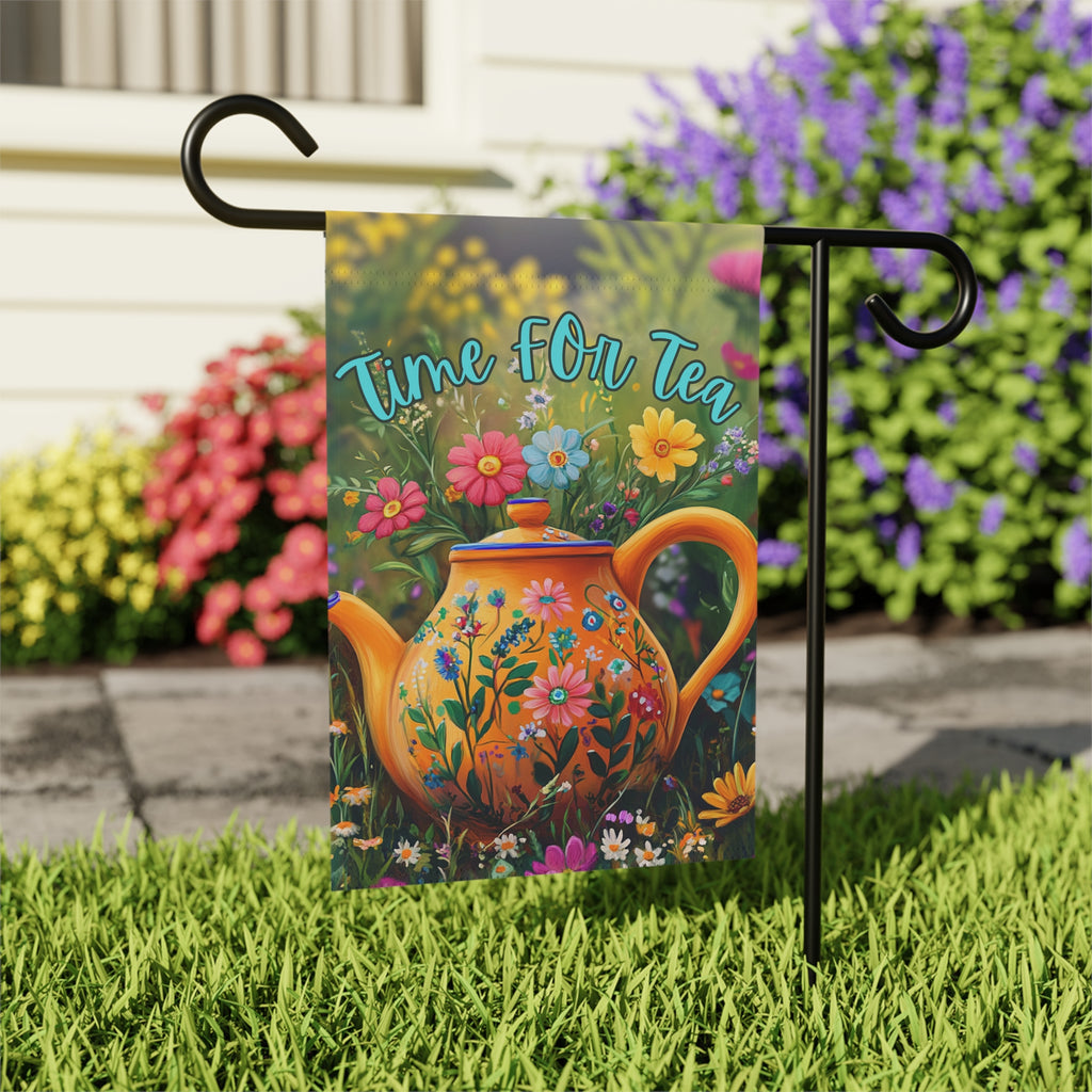 Time For Tea Yellow Teapot Garden Flag - outdoor display - Dragonfire Gardens