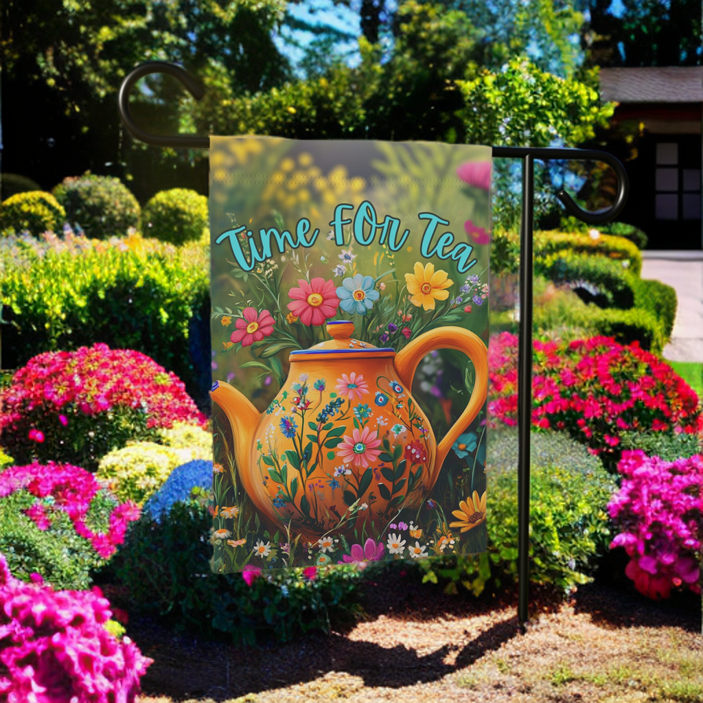 Time For Tea Yellow Teapot Garden Flag - lifestyle display - Dragonfire Gardens