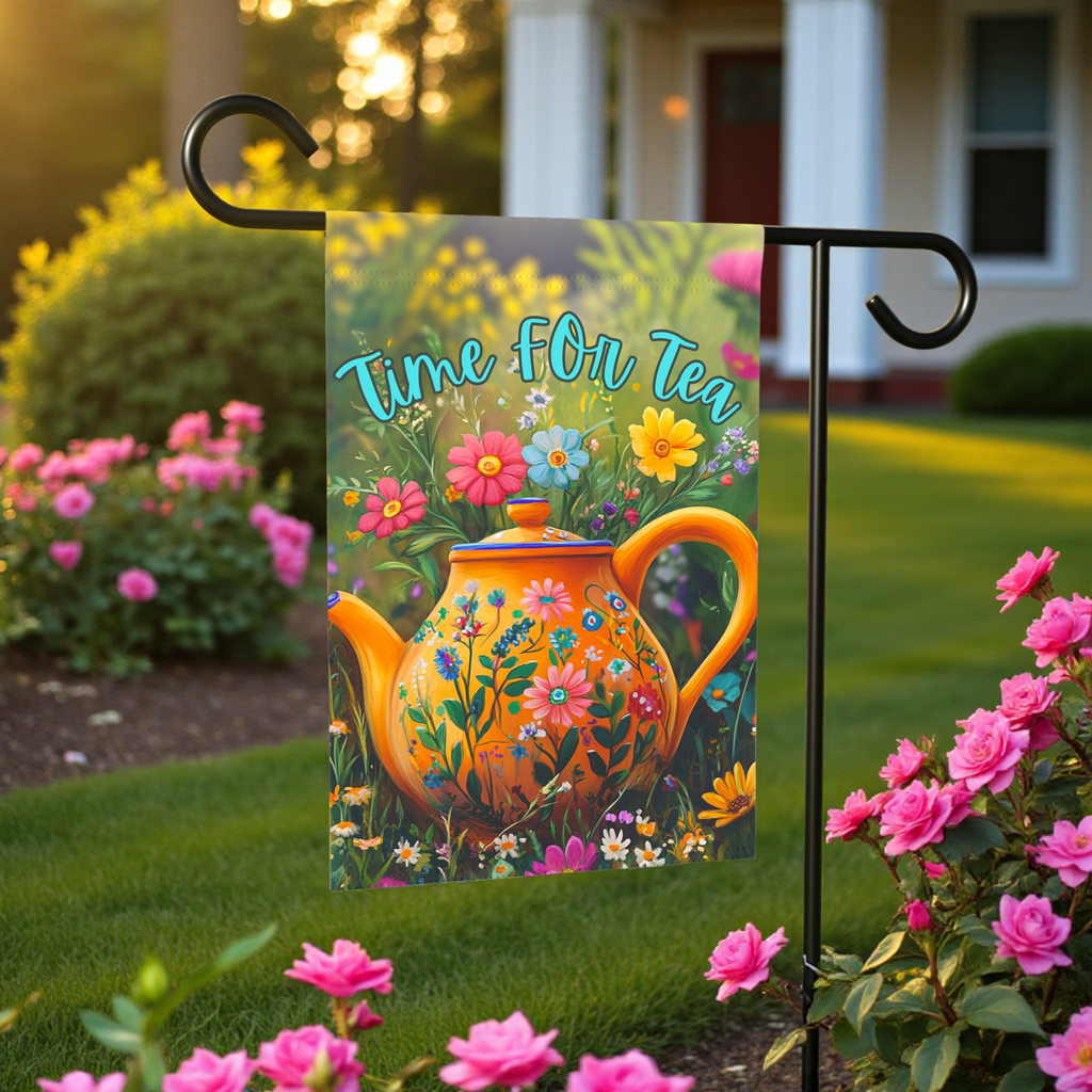 Time For Tea Yellow Teapot Garden Flag - size comparison - Dragonfire Gardens