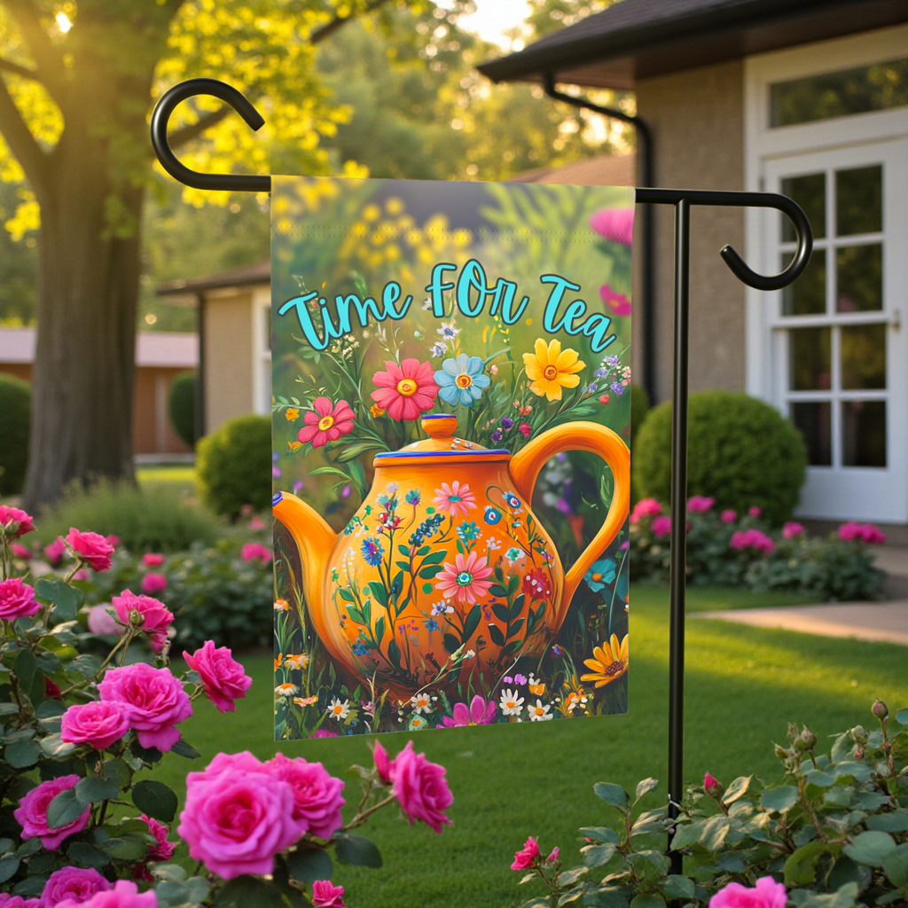 Time For Tea Yellow Teapot Garden Flag - front view - Dragonfire Gardens