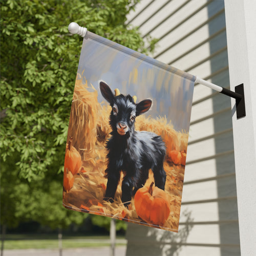 Baby Goat and Pumpkin Garden Flag - outdoor display - Dragonfire Gardens