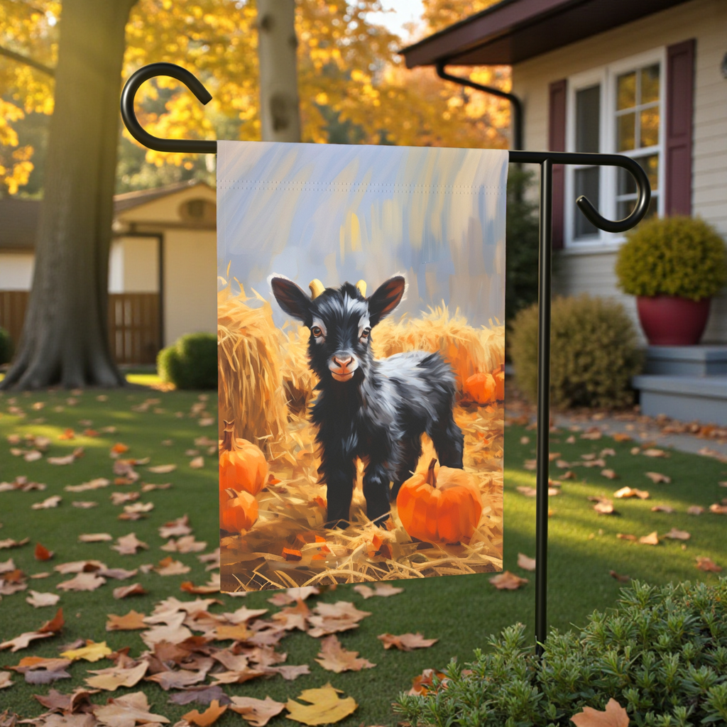 Baby Goat and Pumpkin Garden Flag - size comparison - Dragonfire Gardens