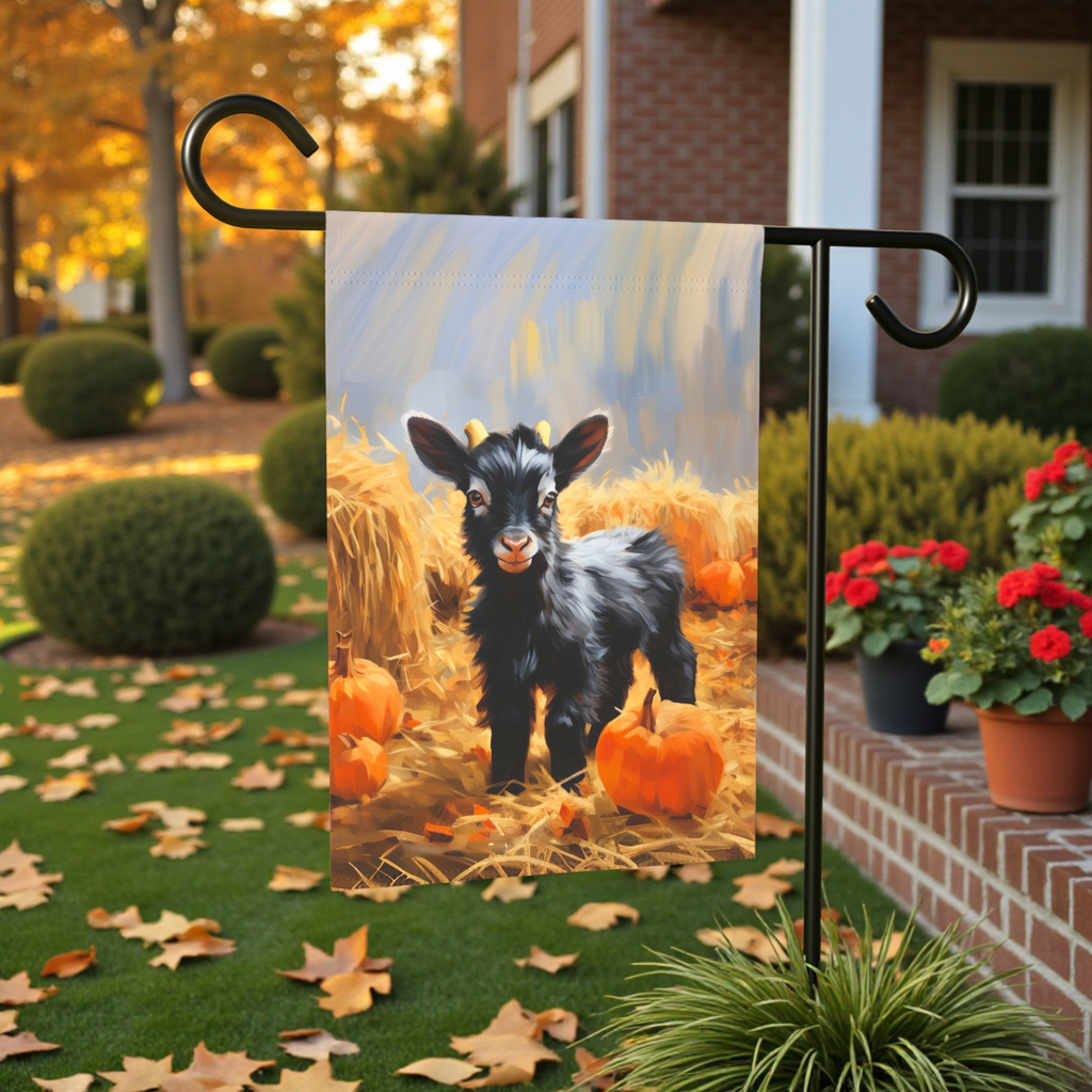 Baby Goat and Pumpkin Garden Flag - lifestyle display - Dragonfire Gardens