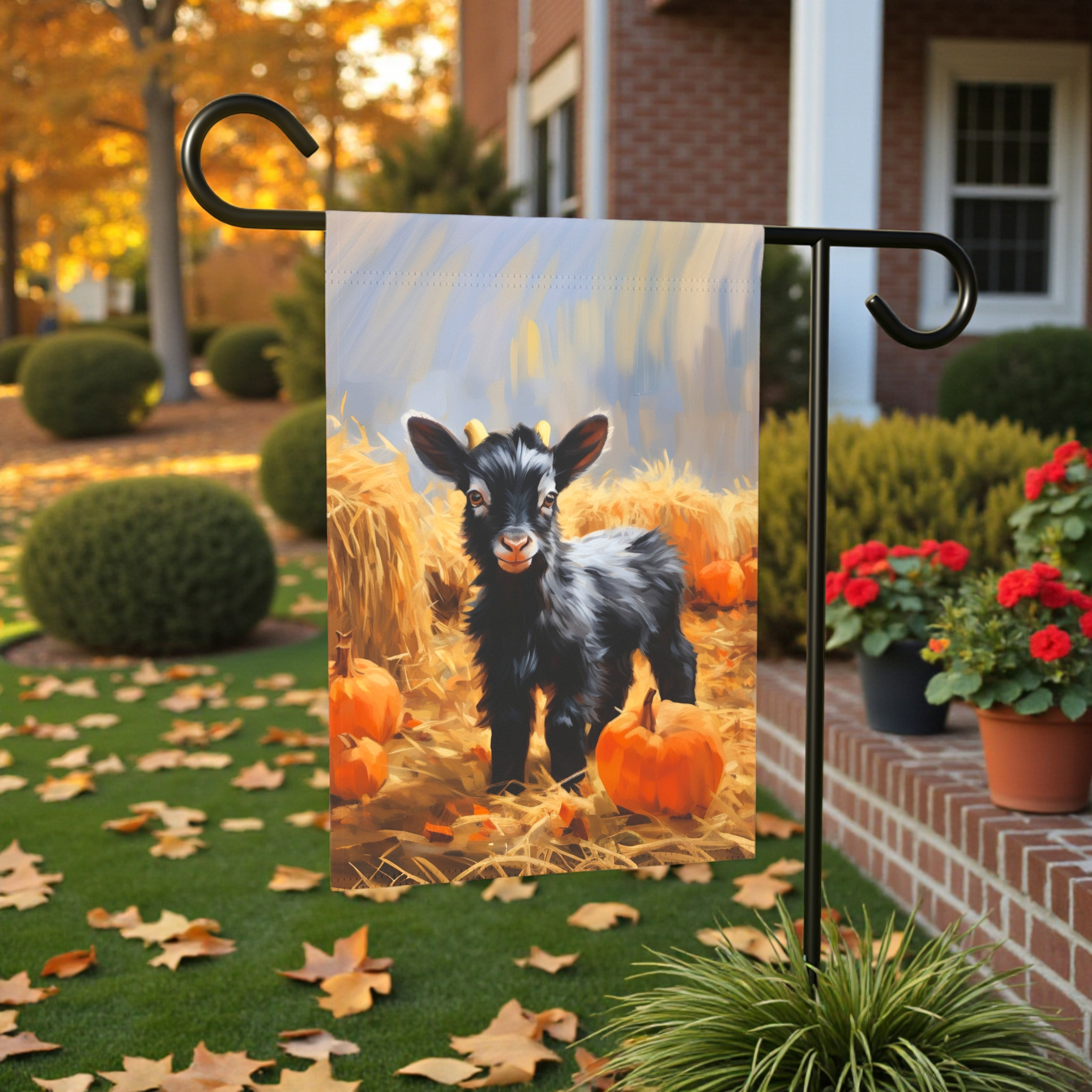 Baby Goat and Pumpkin Garden Flag - lifestyle display - Dragonfire Gardens