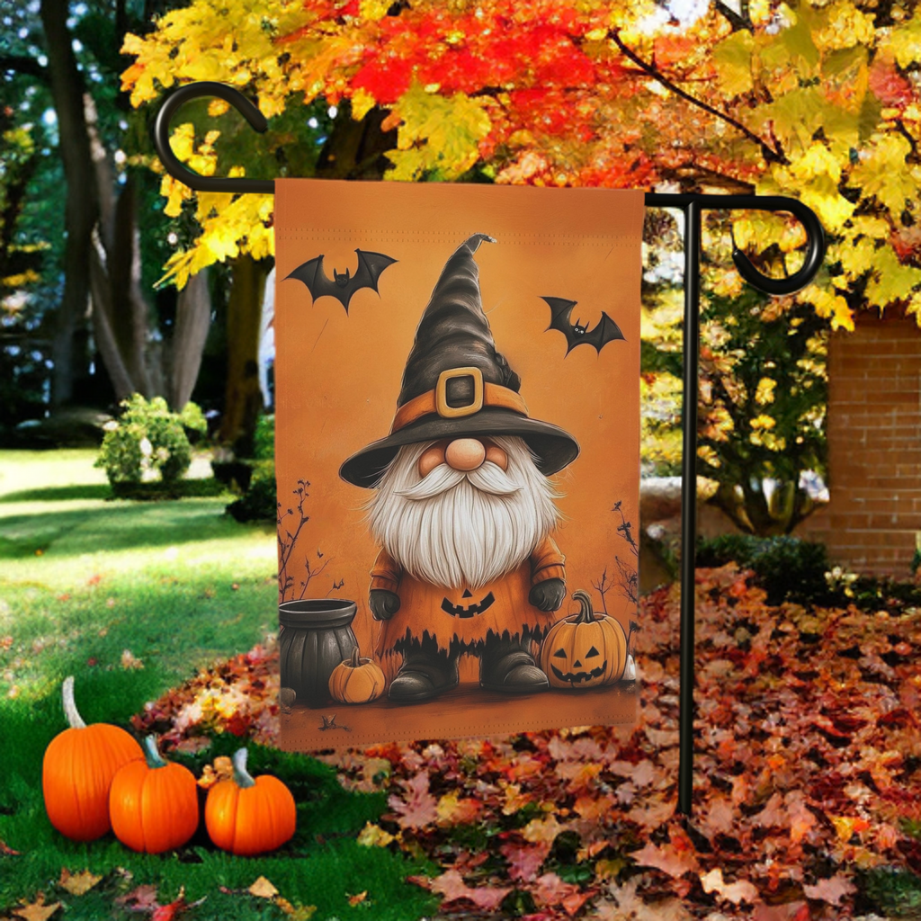 Bats and Gnome Halloween Garden Flag - size comparison - Dragonfire Gardens