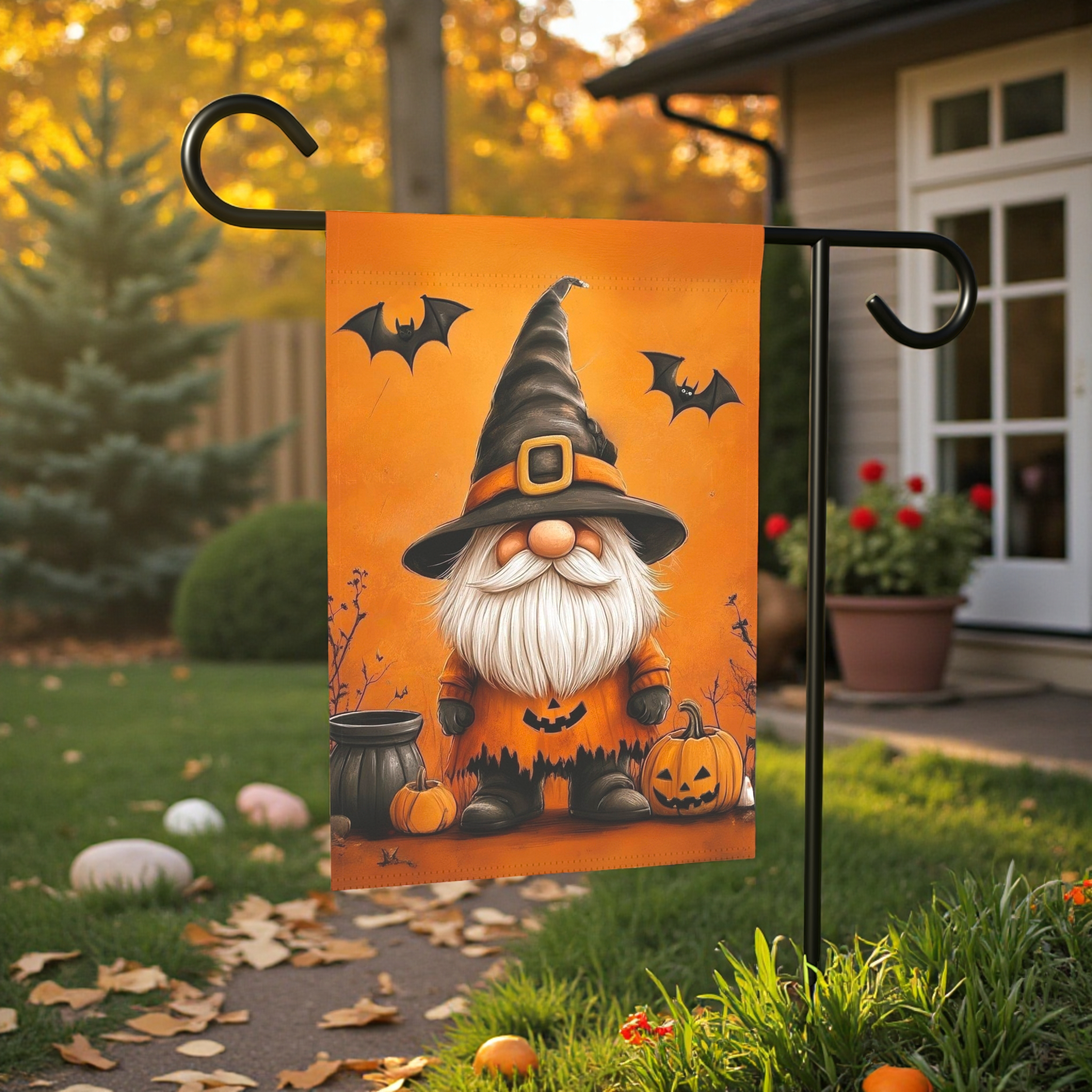 Bats and Gnome Halloween Garden Flag - lifestyle display - Dragonfire Gardens