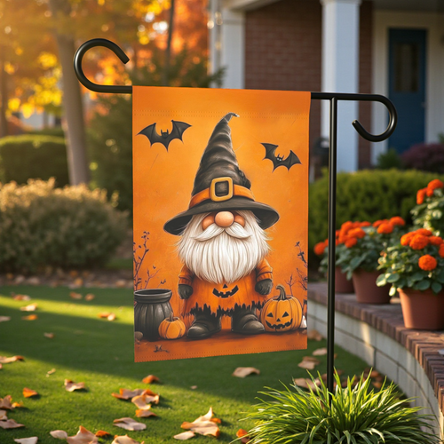 Bats and Gnome Halloween Garden Flag - front view - Dragonfire Gardens