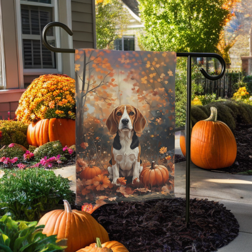 Fall Beagle and Pumpkin Garden Banner Garden Flag - lifestyle display - Dragonfire Gardens
