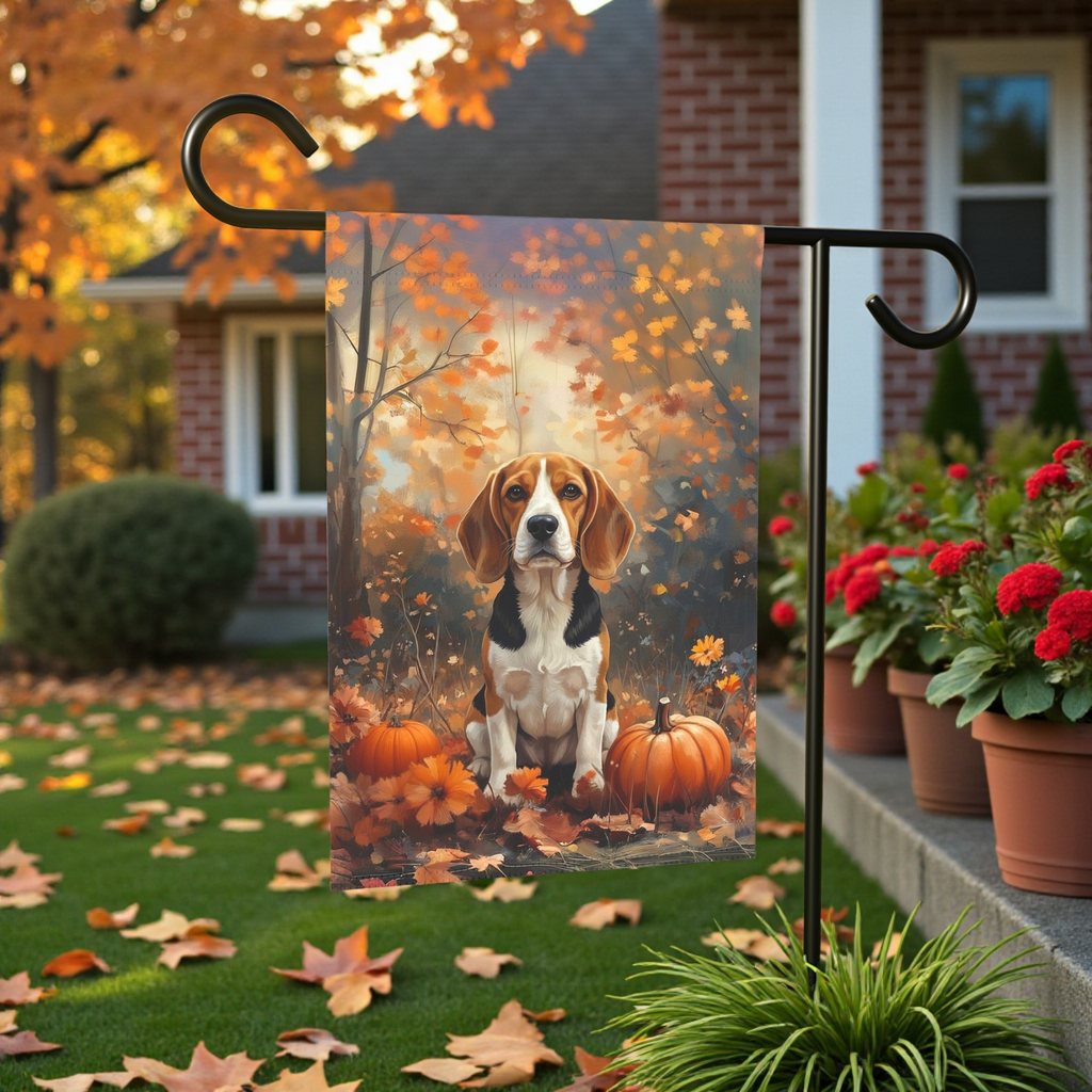 Fall Beagle and Pumpkin Garden Banner Garden Flag - front view - Dragonfire Gardens