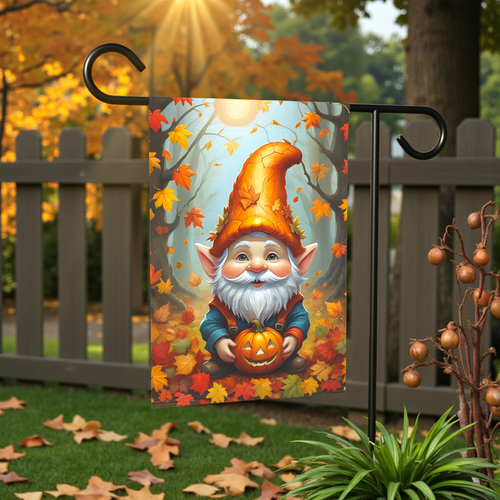 Bearded Pumpkin Gnome Garden Flag - front view - Dragonfire Gardens