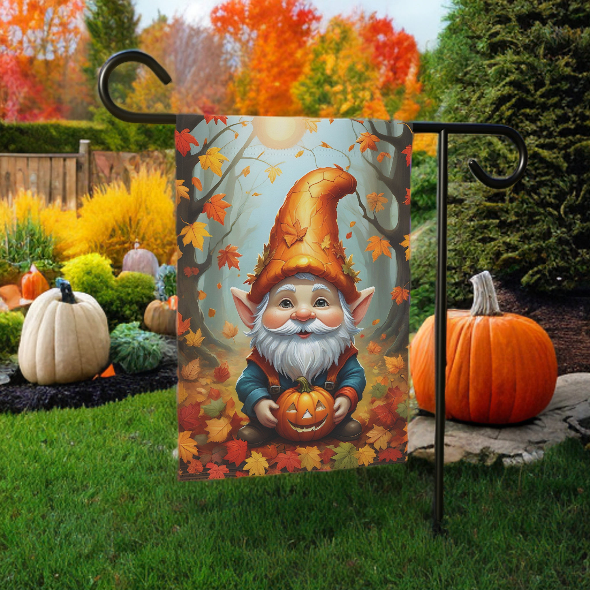 Bearded Pumpkin Gnome Garden Flag